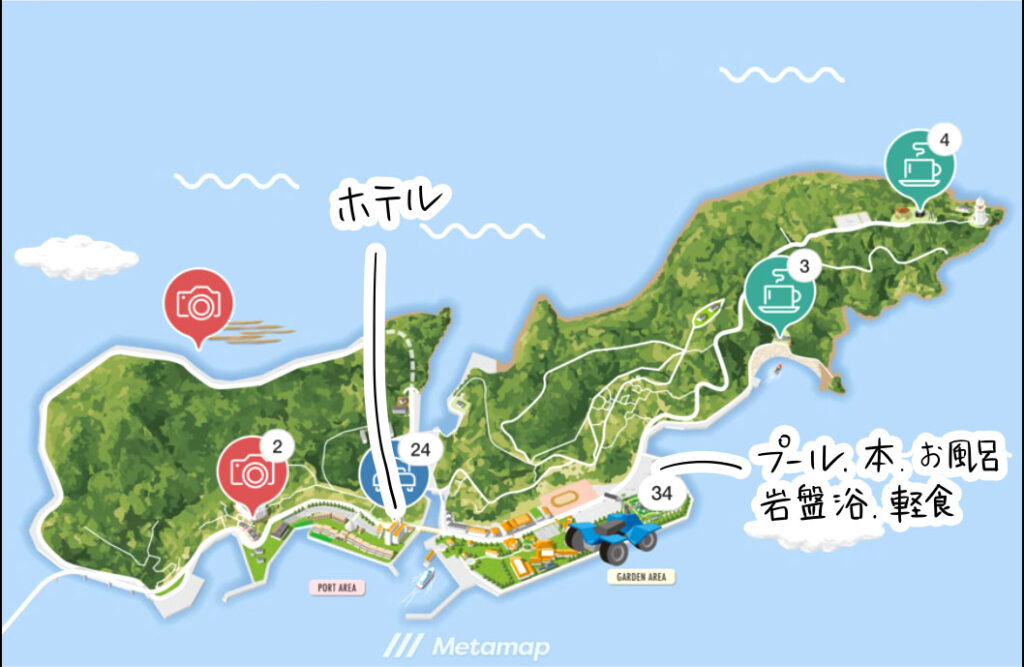 アイランド長崎の全体マップ。ホテルエリアと、プール・本・お風呂・岩盤浴があるエリアの位置関係