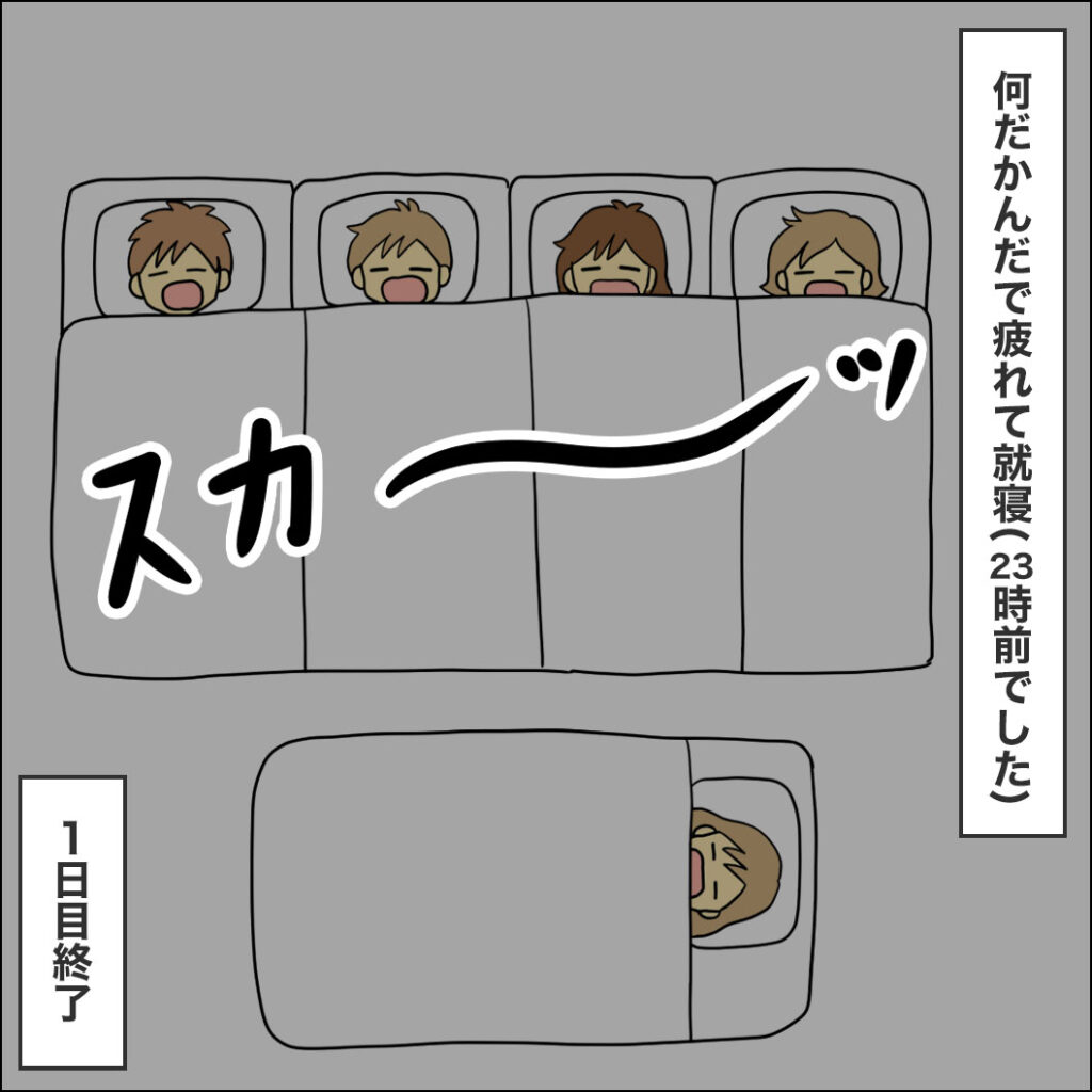 なんだかんだで遊び疲れて、23時前には全員爆睡したイラスト。1日目終了