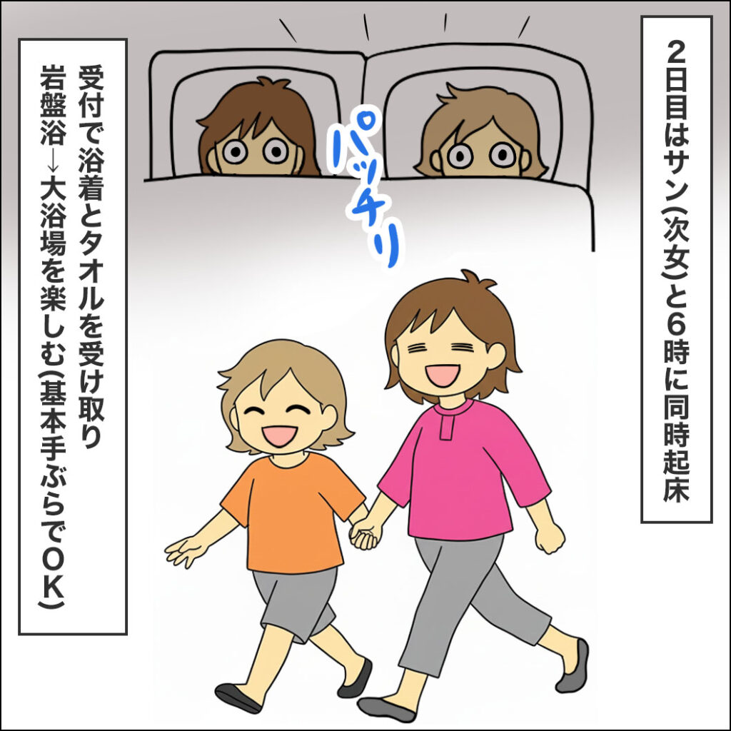 朝6時に次女と起床。受付でタオルと浴着を受け取り、手ぶらで朝風呂へ向かうイラスト