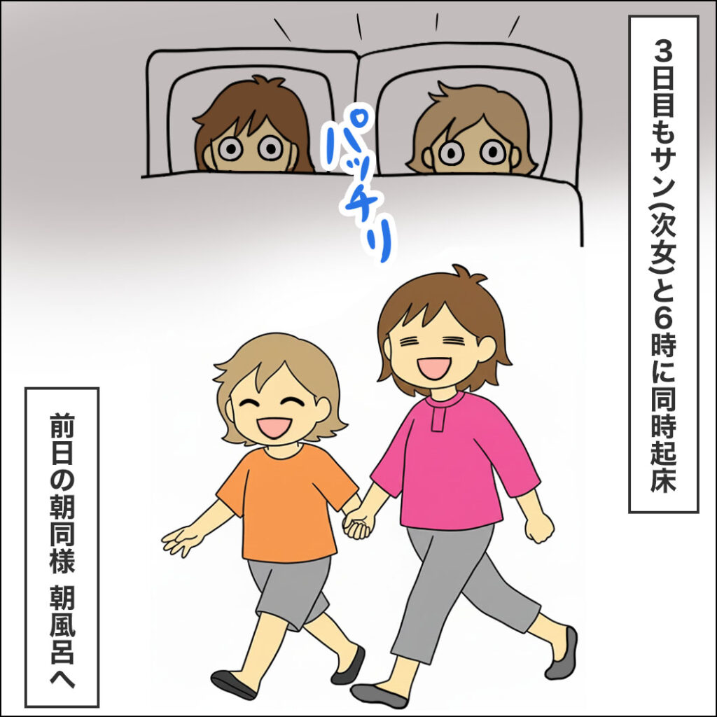 3日目の朝も次女と朝6時に起床。前日同様、朝風呂へ向かう元気な親子のイラスト
